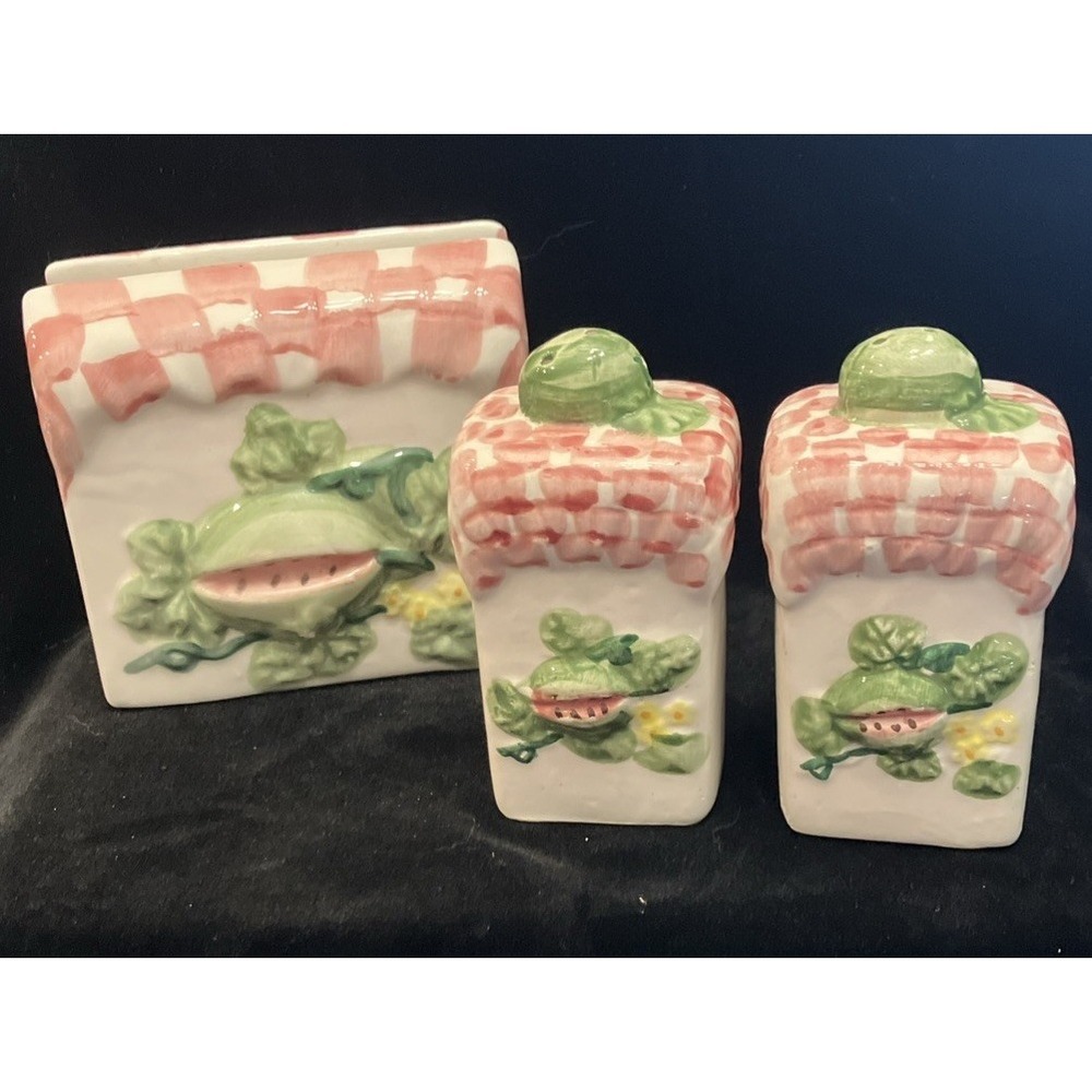 Vtg Otagiri Baker Salt & Pepper Shakers, Napkin Holder Watermelon & Pink Gingham